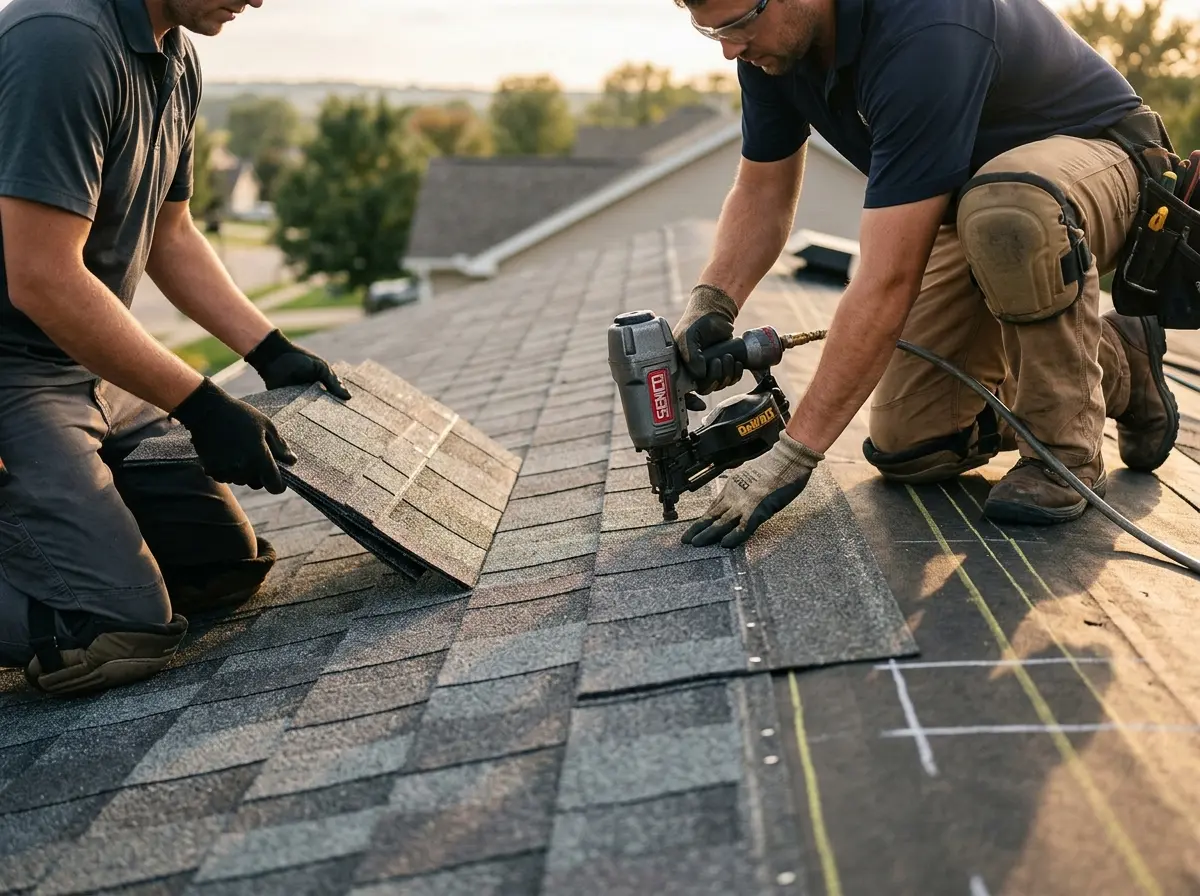 Professional roofer working on a residential roof in Haddam